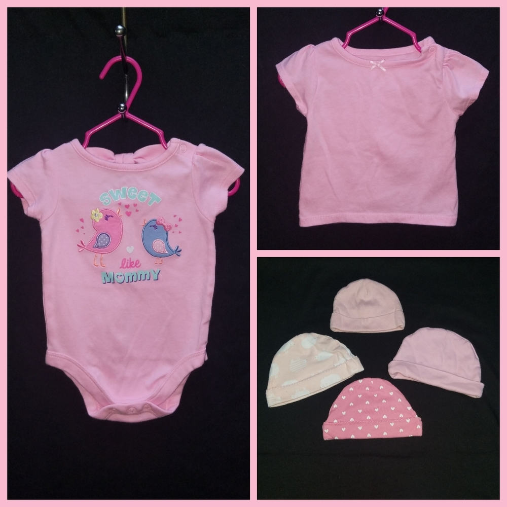 6 pc Pink Baby Girls Bundle Shirts and Hats